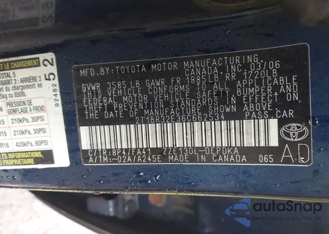 2006 Toyota Corolla Ce z USA, uszkodzony, nr VIN 2T1BR32E36C662534